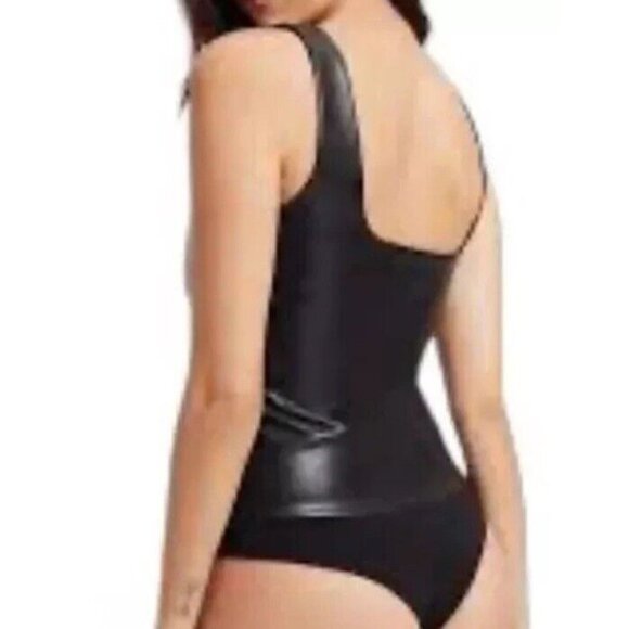 Good American Sz 3 / L Black Faux Leather Modern Tank Thong Bodysuit New (NWOT) - Picture 2 of 8